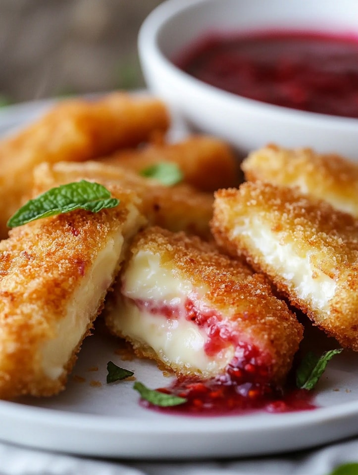 Crispy Fried Brie Wedges with Raspberry Cream Sauce