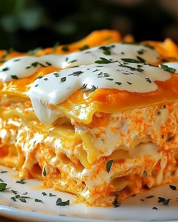 Cheesy Buffalo Chicken Lasagna with Ranch Drizzle