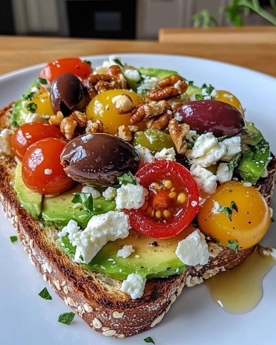 Avocado Toast with Feta Cheese, Cherry Tomatoes, Cranberries, and Walnuts. We always have feta cheese at home, the one soaked in olive oil.