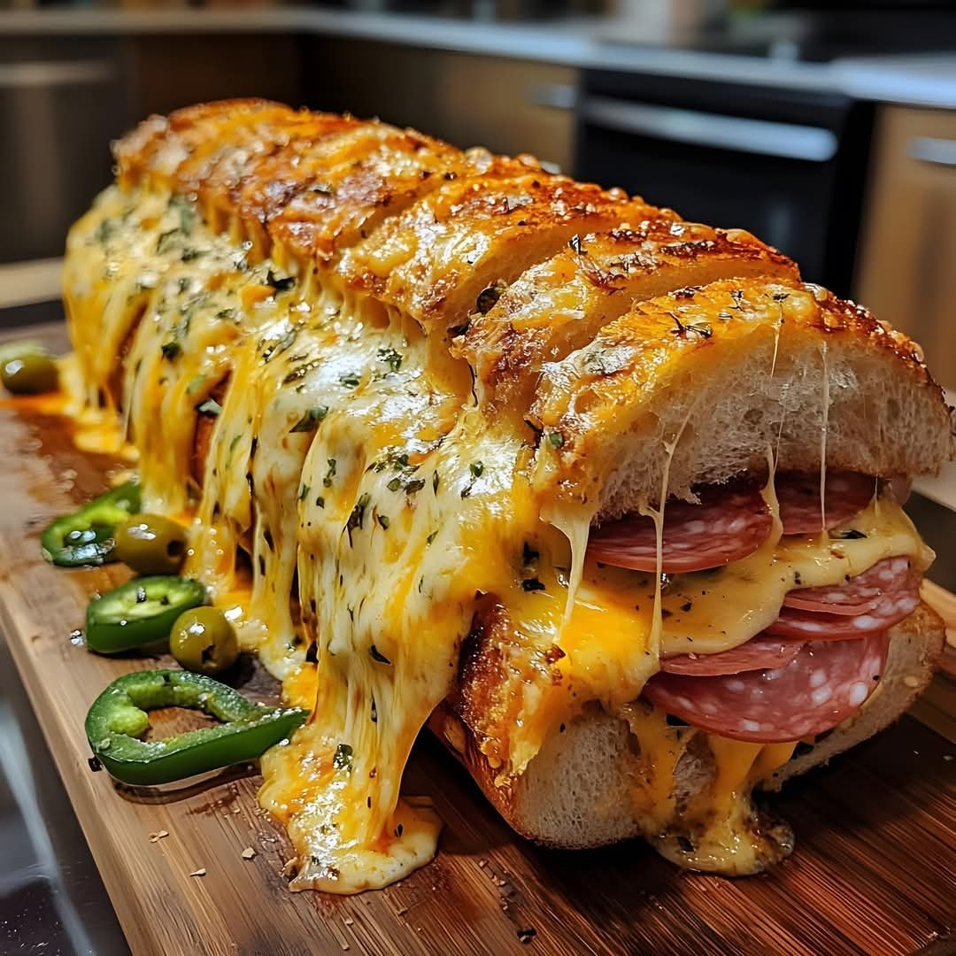 Giant Grilled Cheese Sub Sandwich with Pepperoni and Jalapeños