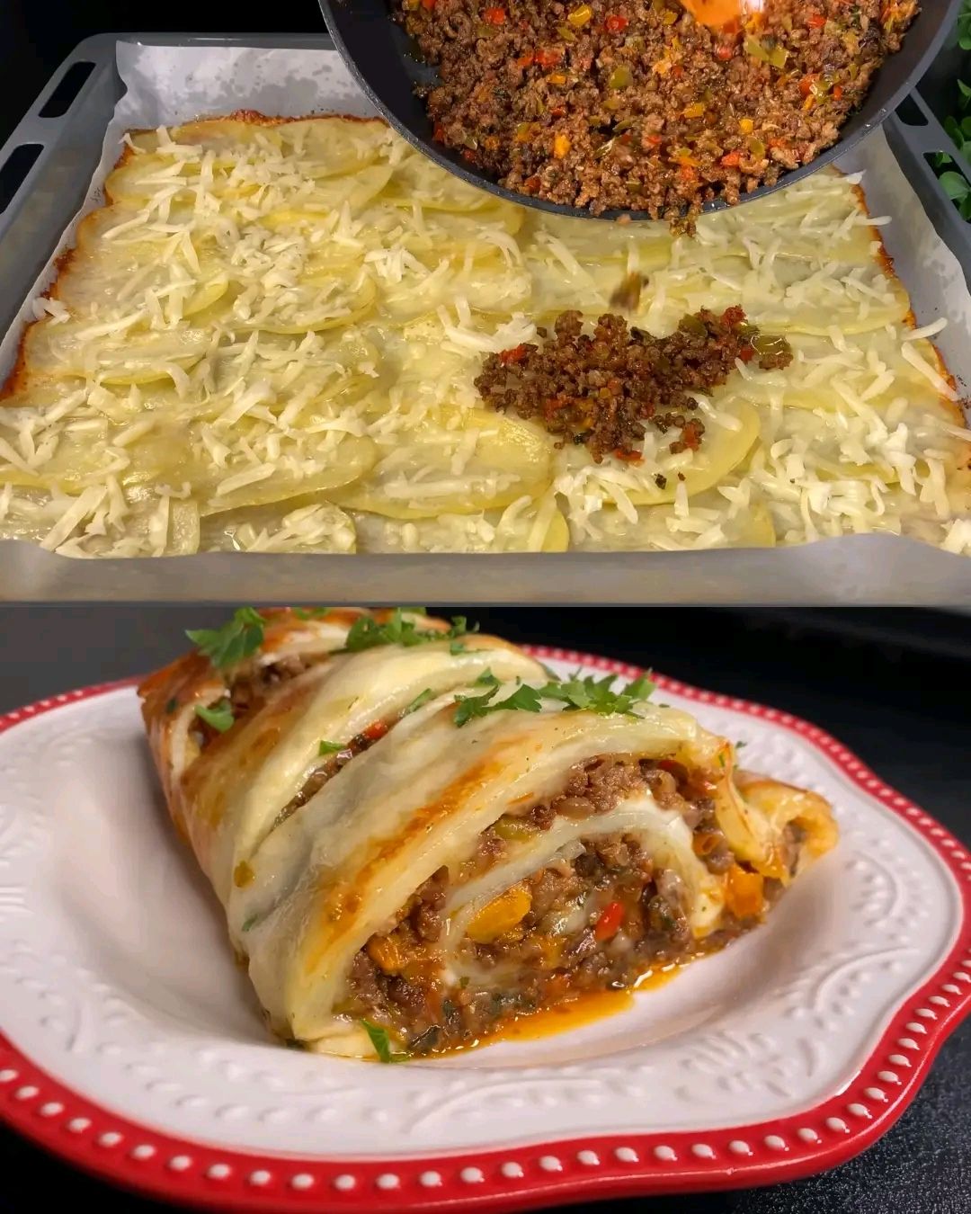 Baked Potato and Beef Casserole with Mozzarella and Colorful Peppers