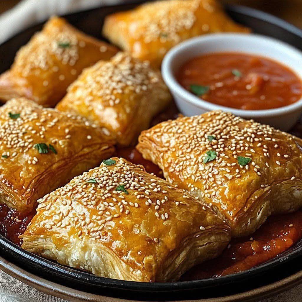 Italian pastries with sesame crust and tomato sauce