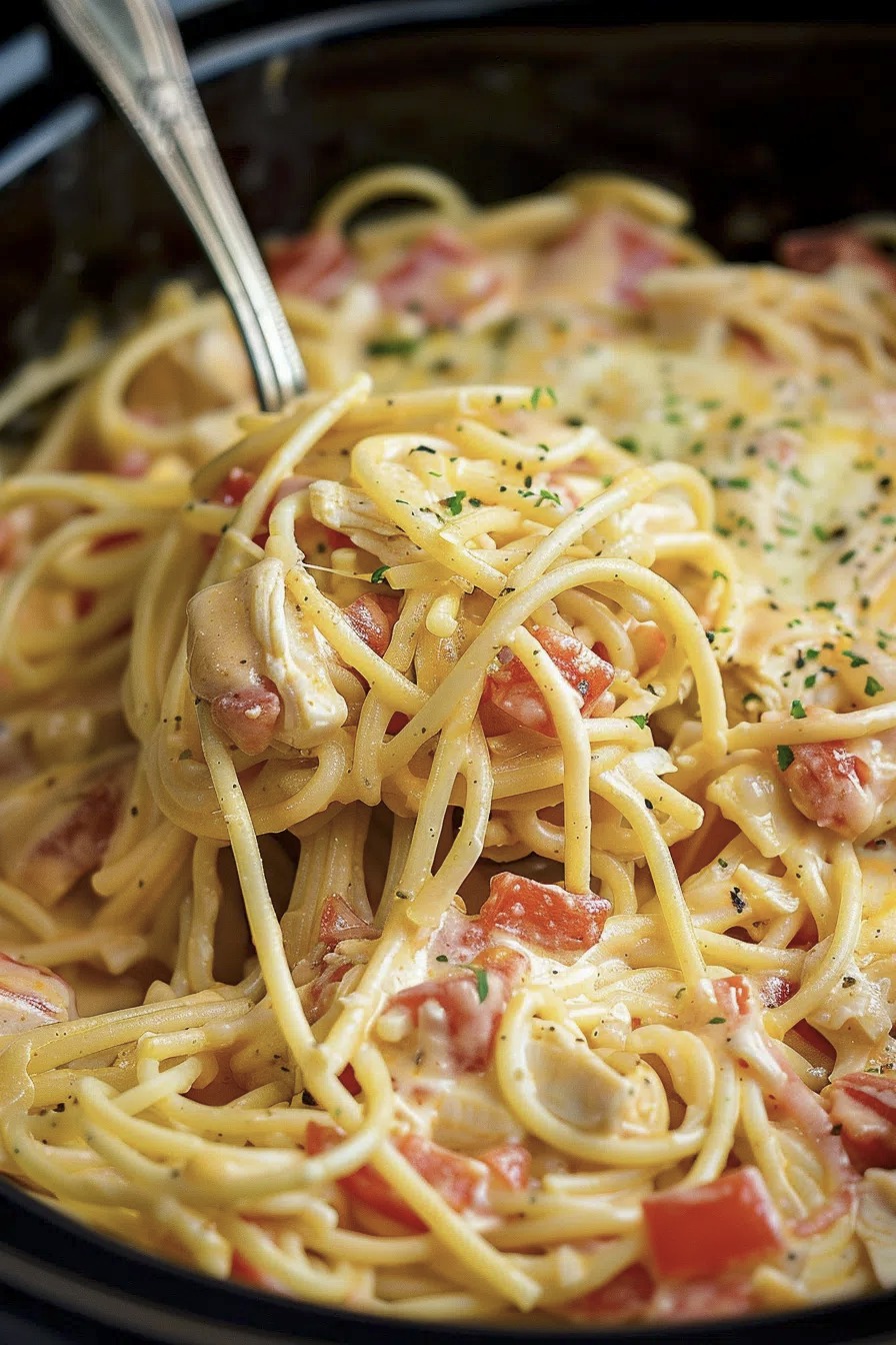 Creamy crockpot chicken spaghetti