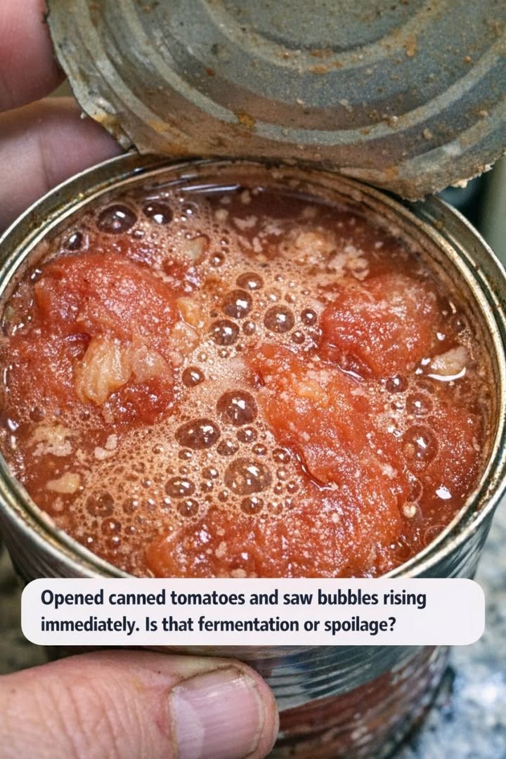 Opened canned tomatoes and saw bubbles rising immediately. Is that fermentation or spoilage