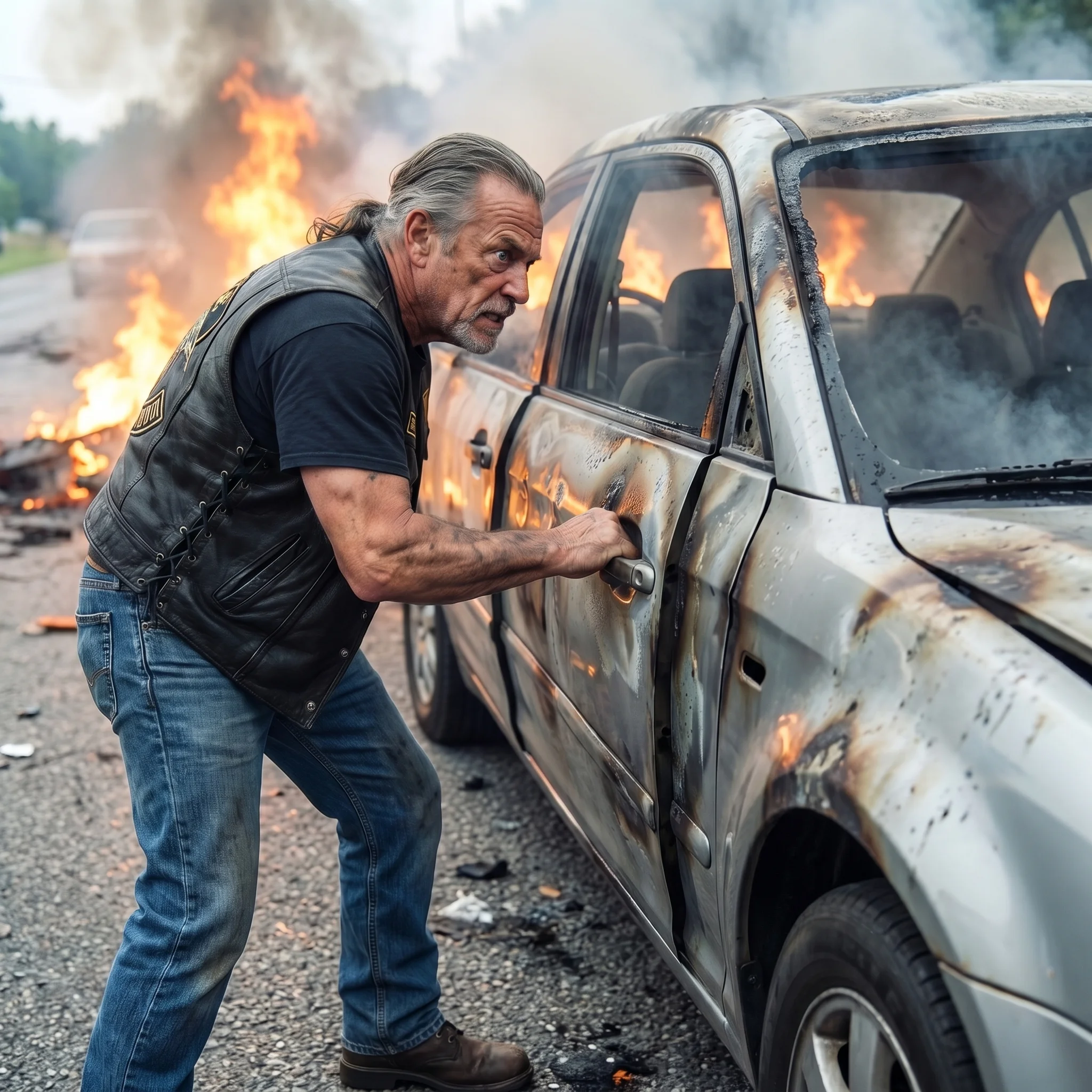 Biker Ripped Car Door Off With His Bare Hands to Pull Trapped Girl From Flames