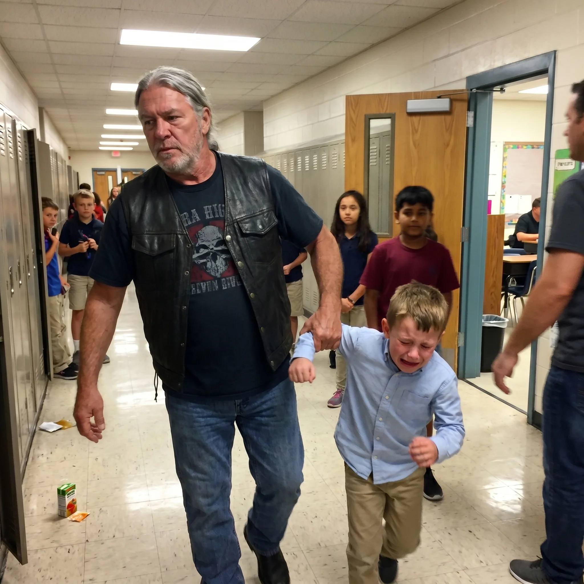 Biker Stormed Into a School and Dragged a Trembling Boy Out of Class by His Arm